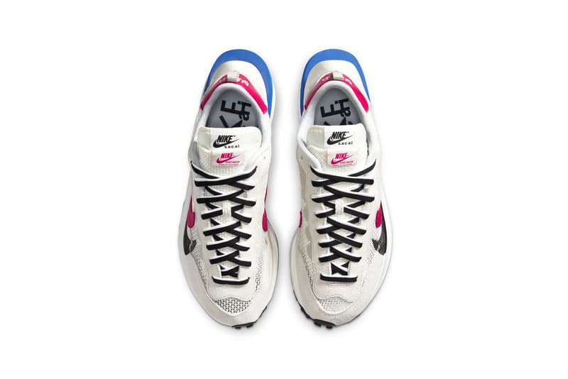 sacai nike collaboration vaporwaffle sneakers black white pink blue colorway sneakerhead footwear shoes chitose abe