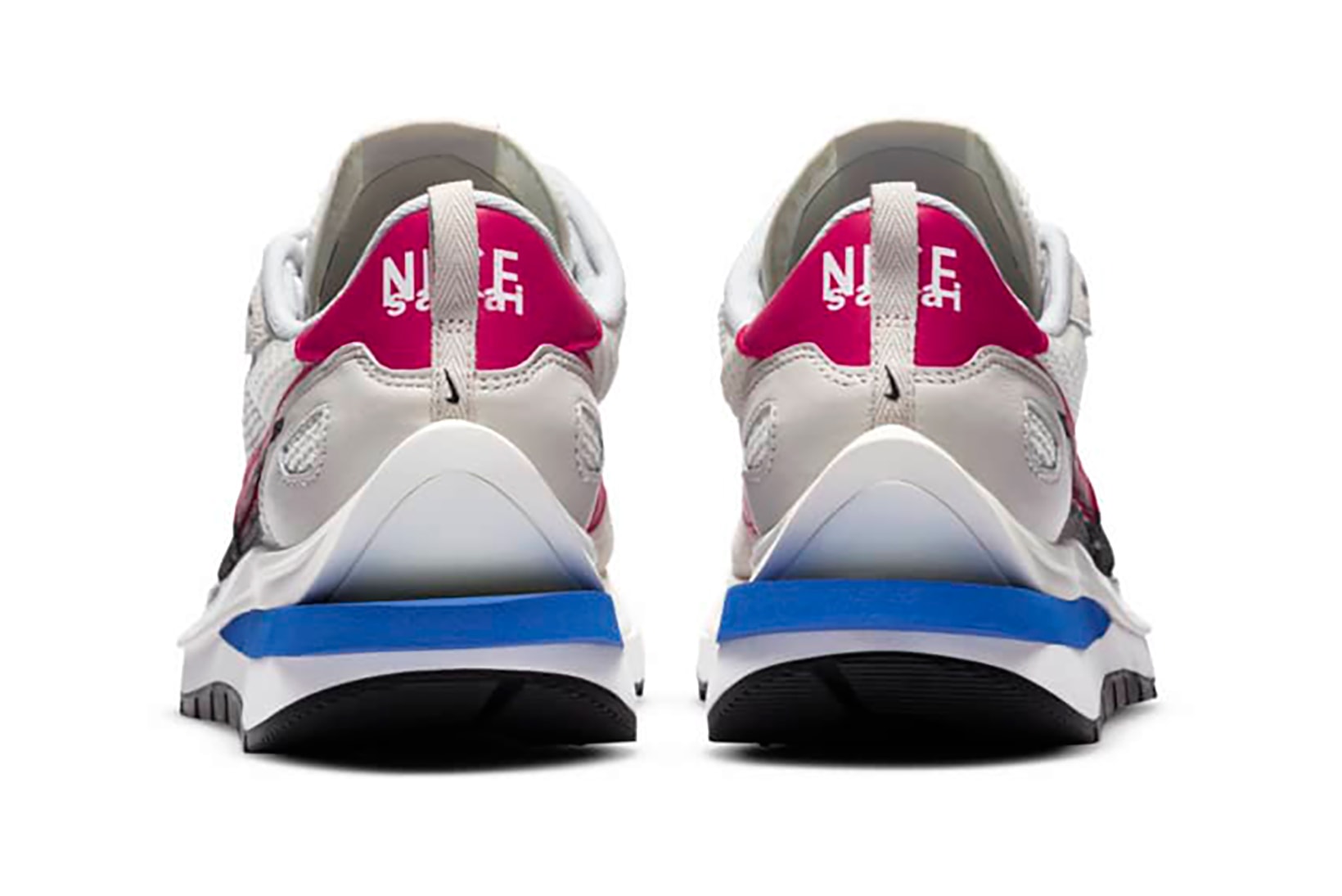 sacai nike collaboration vaporwaffle sneakers black white pink blue colorway sneakerhead footwear shoes chitose abe