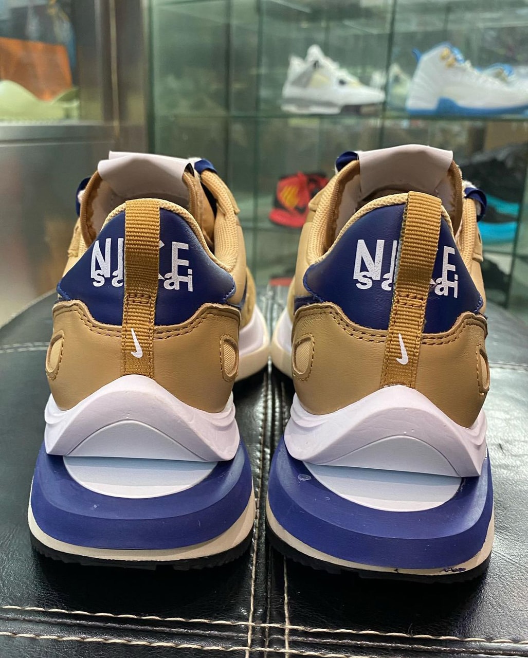 sacai nike vaporwaffle tan navy sneakers collaboration closer look release
