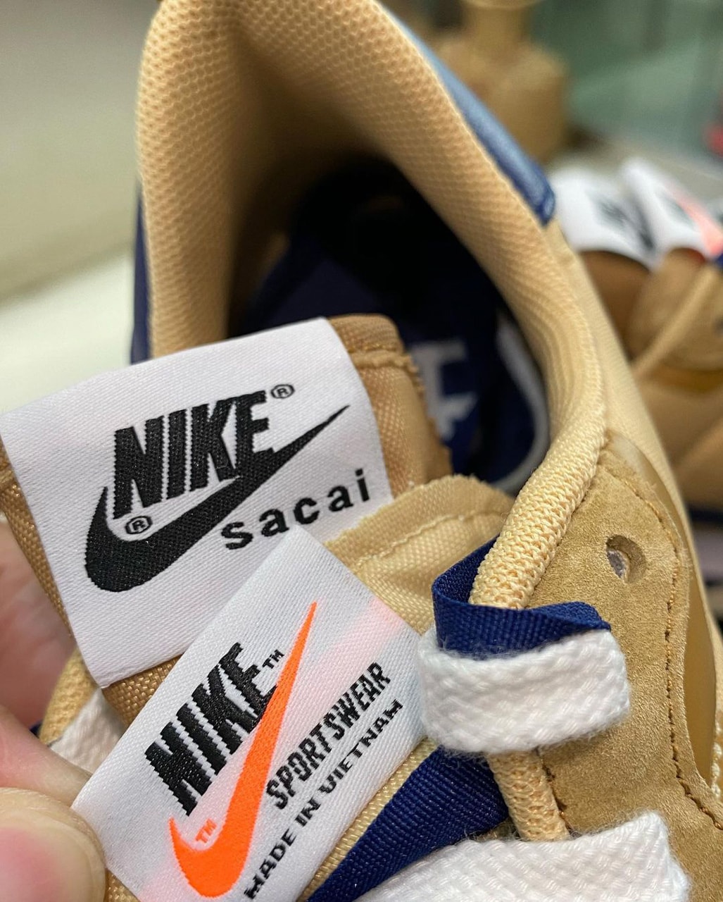 sacai nike vaporwaffle tan navy sneakers collaboration closer look release