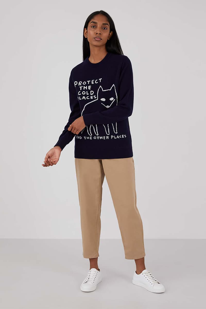sunspel david shrigley obe collaboration christmas sweaters jumpers environmental awareness gray navy blue