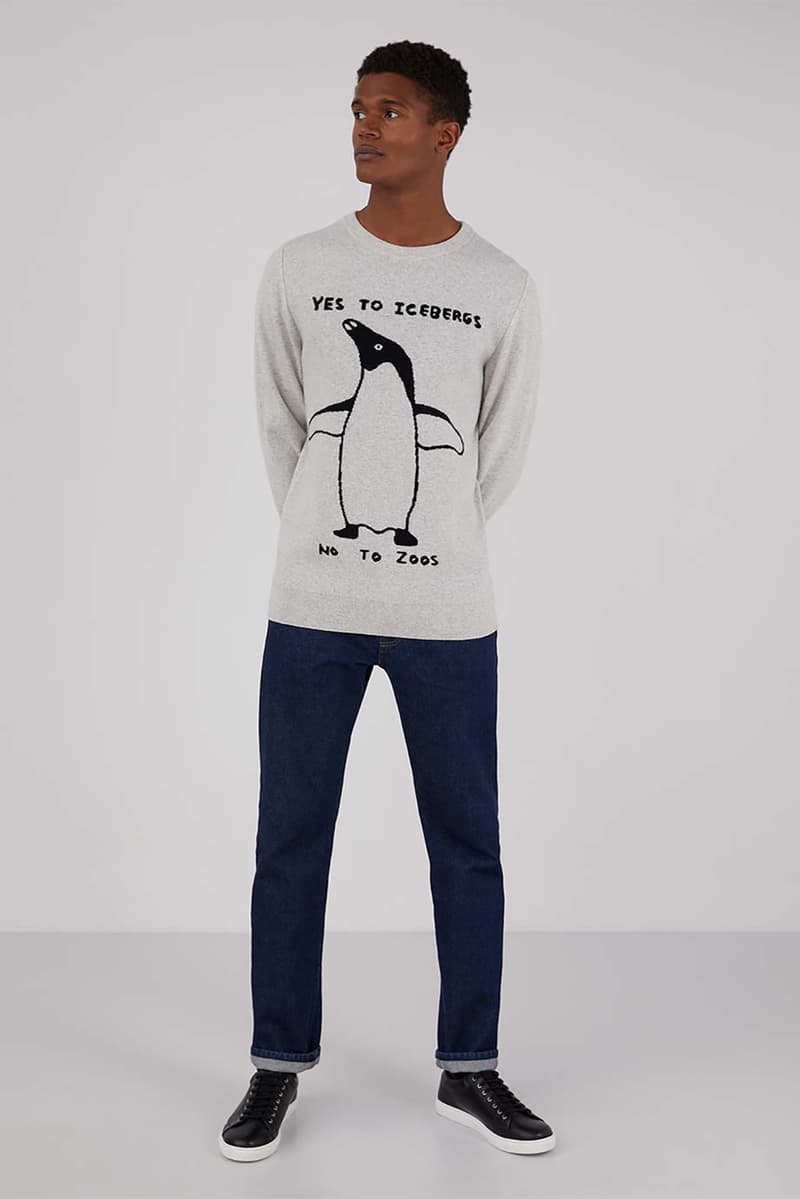 sunspel david shrigley obe collaboration christmas sweaters jumpers environmental awareness gray navy blue 