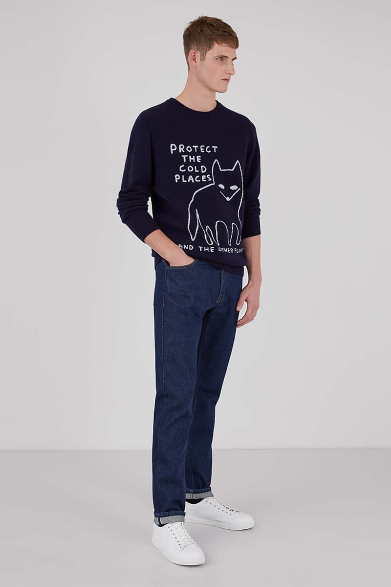 sunspel david shrigley obe collaboration christmas sweaters jumpers environmental awareness gray navy blue 