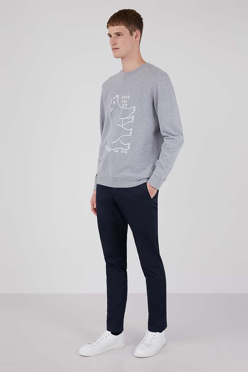 sunspel david shrigley obe collaboration christmas sweaters jumpers environmental awareness gray navy blue