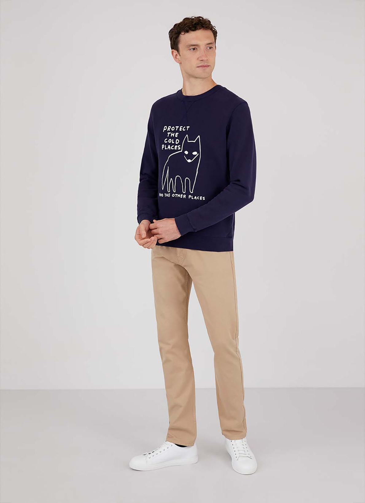 sunspel david shrigley obe collaboration christmas sweaters jumpers environmental awareness gray navy blue 