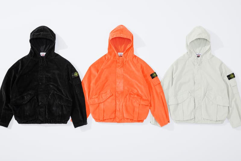 supreme stone island fall collaboration outerwear jackets hoodies bucket hats white black orange