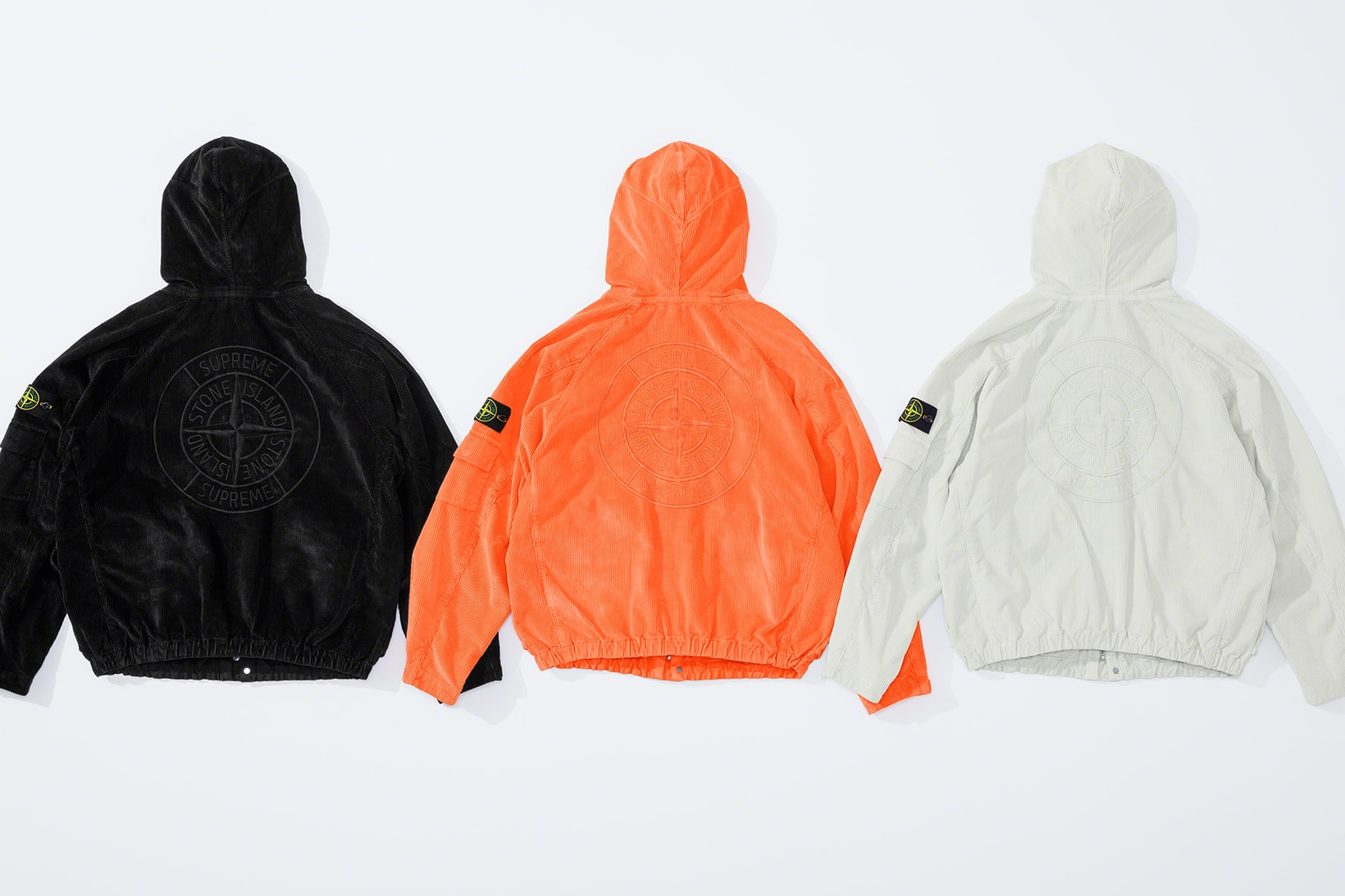 supreme stone island fall collaboration outerwear jackets hoodies bucket hats white black orange