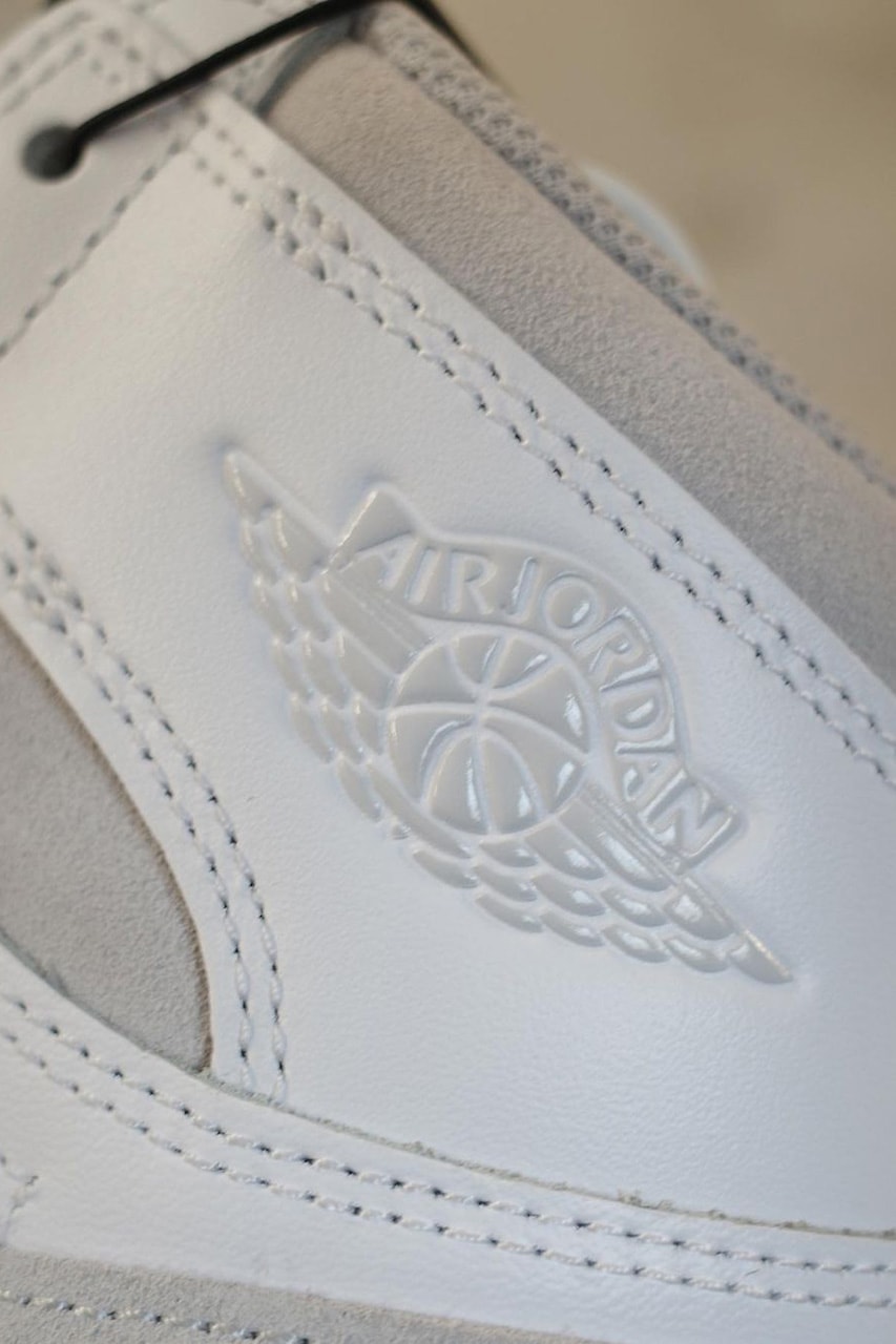 nike air jordan 1 high 85 neutral gray grey sneakers details close up emblem logo label