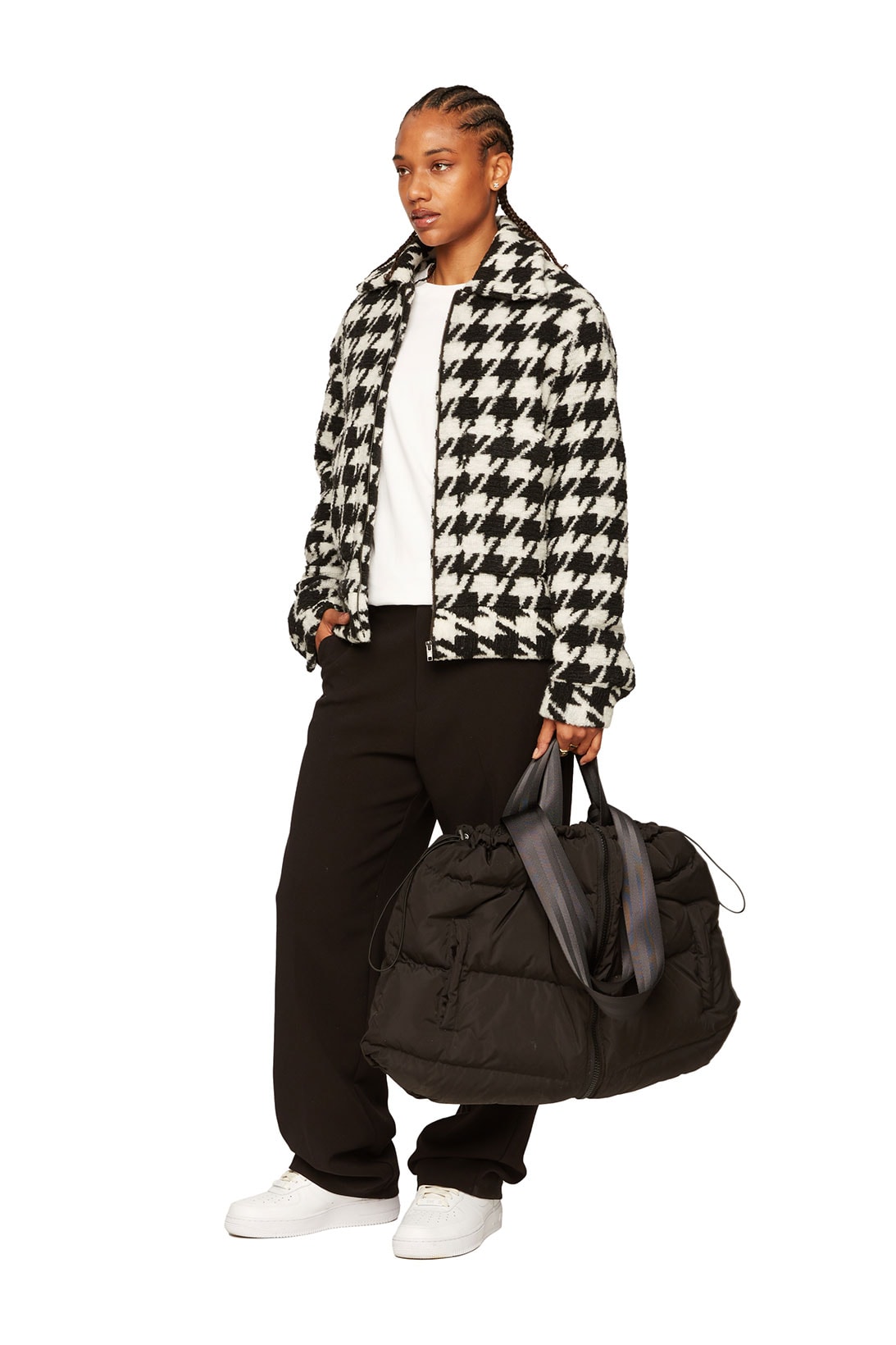 atelier new regime montreal brand fall winter lookbook houndstooth fleece jacket black trousers bag