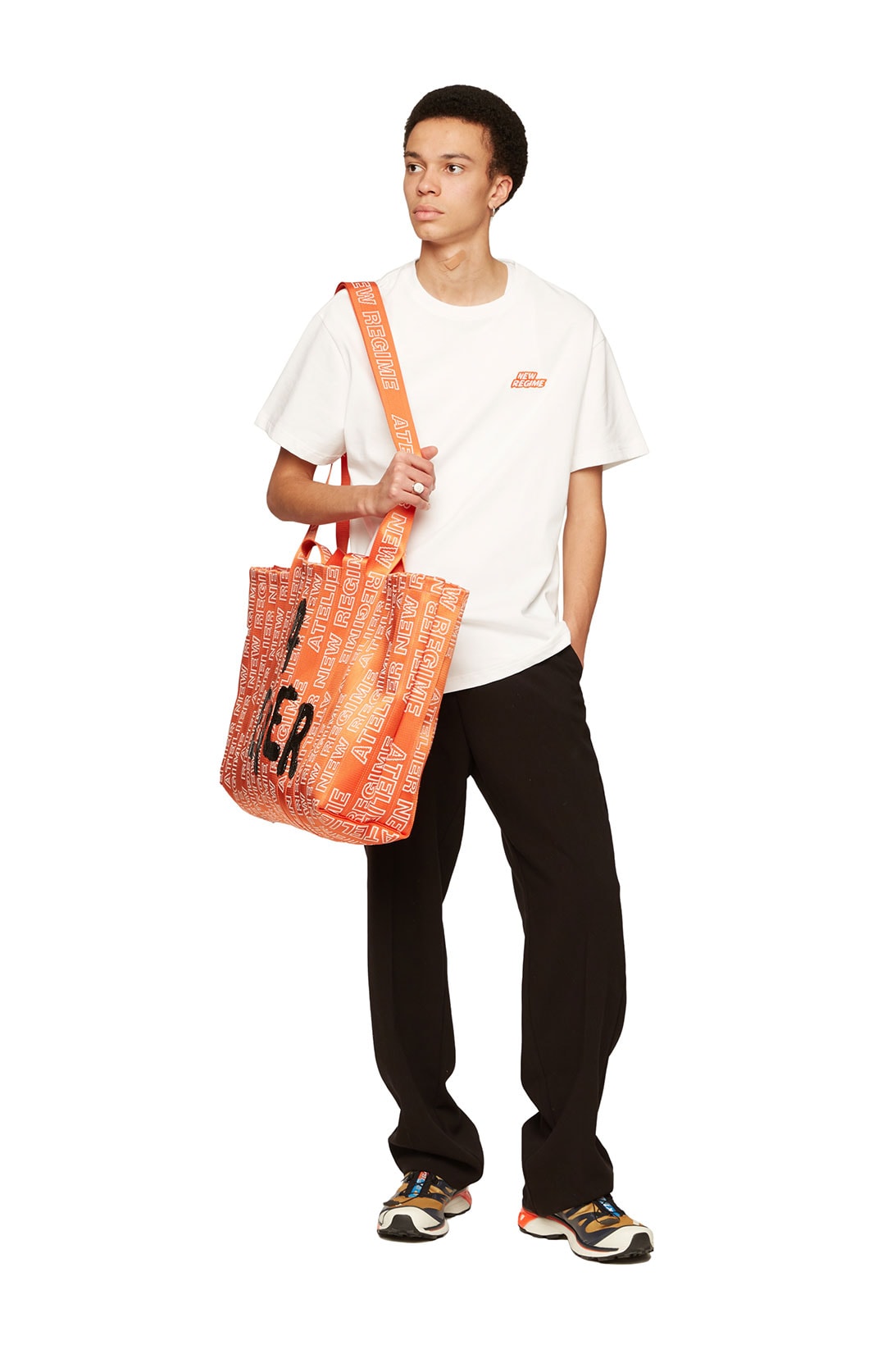 atelier new regime montreal brand fall winter lookbook white logo tshirt sweatpants orange bags