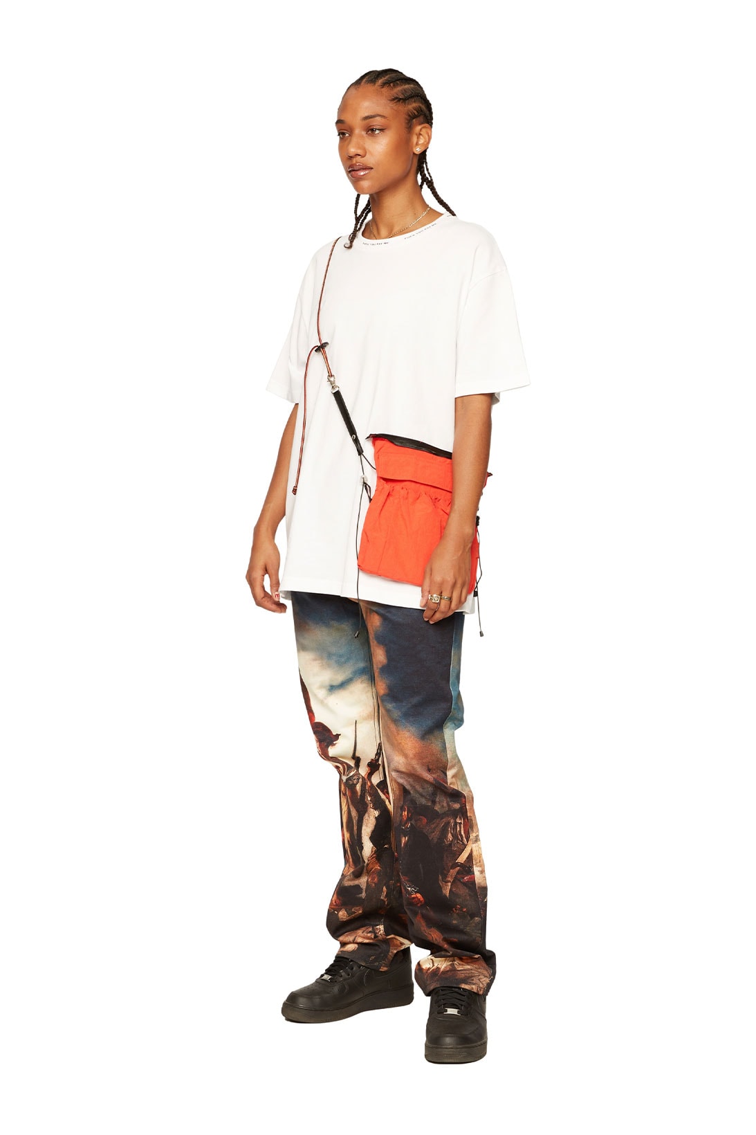 atelier new regime montreal brand fall winter lookbook white tshirt orange crossbody bag graphic trousers