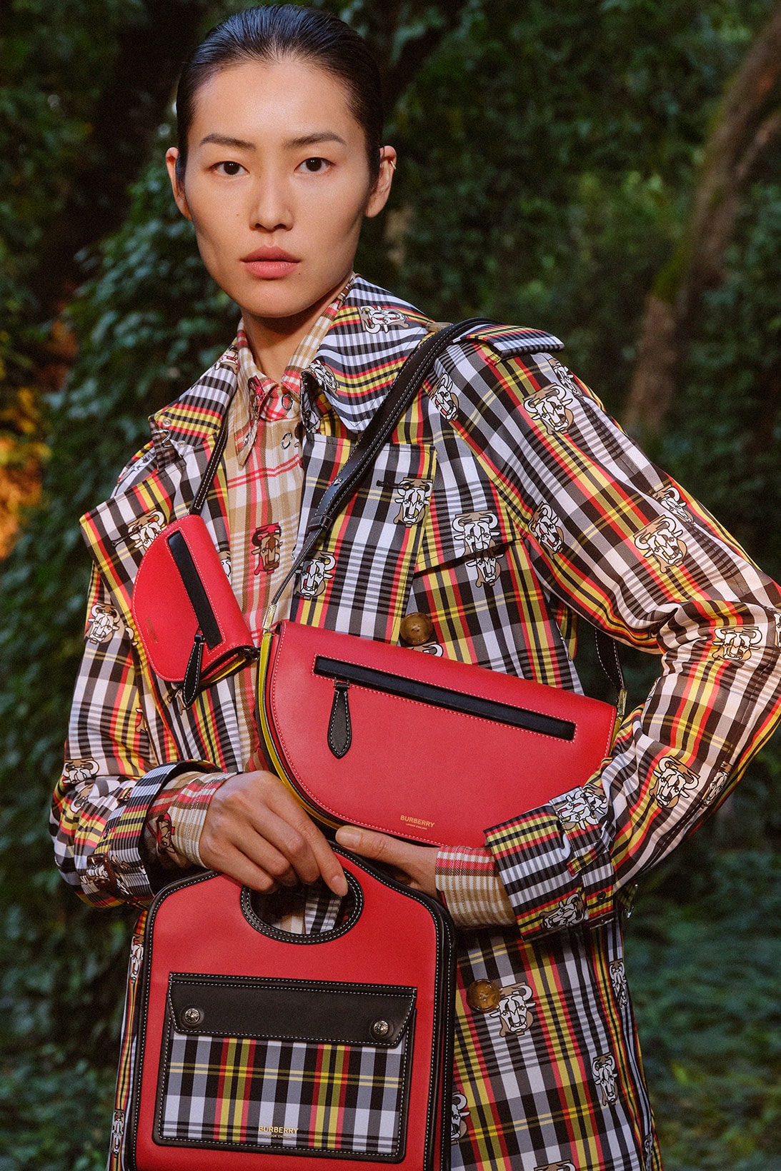 burberry lunar new year of the ox campaign collection feng li plaid coat red handbag pocket bag