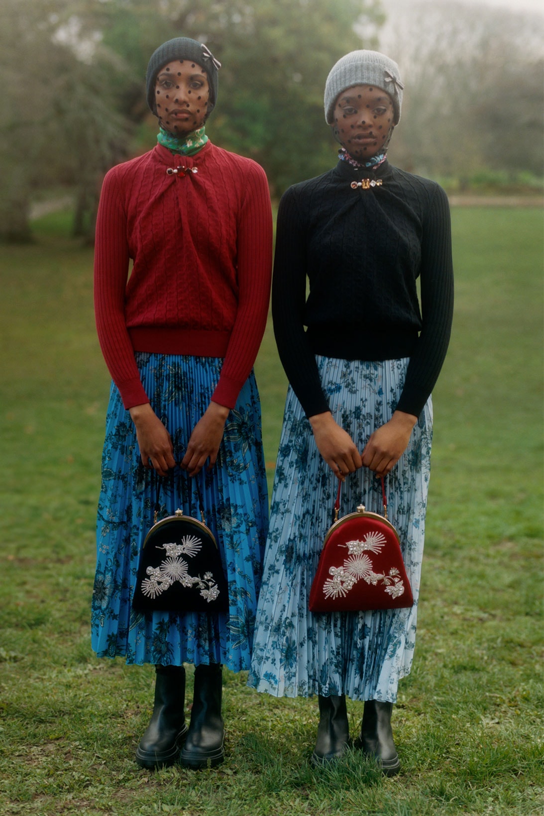 erdem moralioglu pre-fall 2021 collection lookbook nancy mitford pleated skirts floral red black sweaters