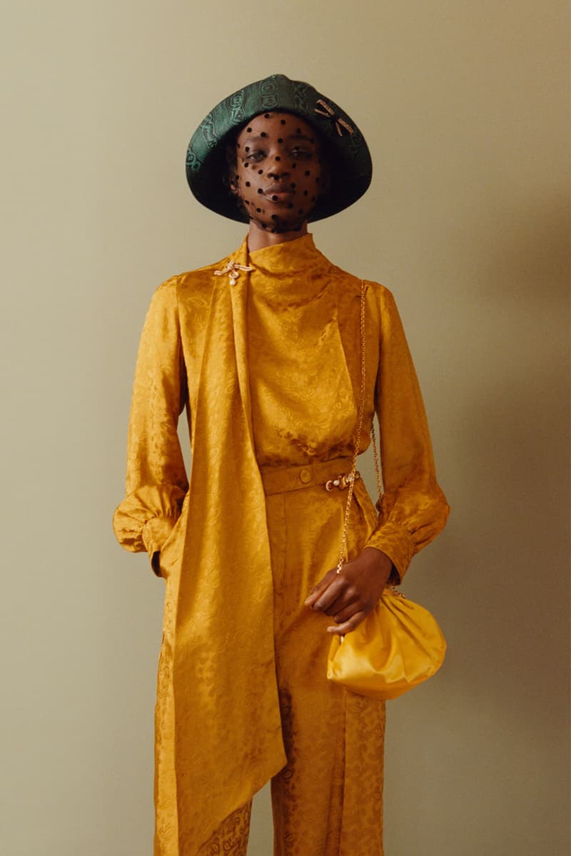 erdem moralioglu pre-fall 2021 collection lookbook nancy mitford yellow top trousers bag green hat