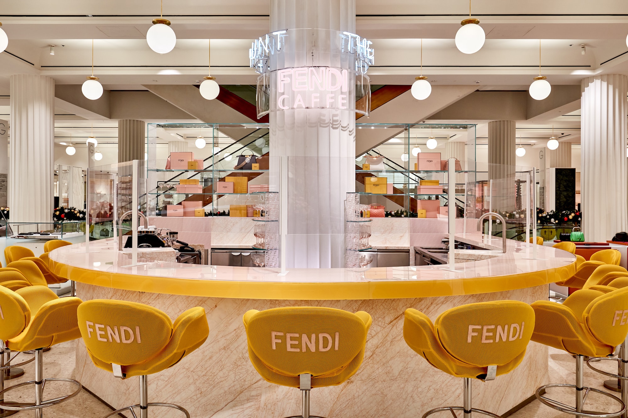 Fendi Opens FENDI CAFFE At Selfridges Holiday Theme Collection Exclusive Pop-up space coffee drinks menu logo branded instagram 