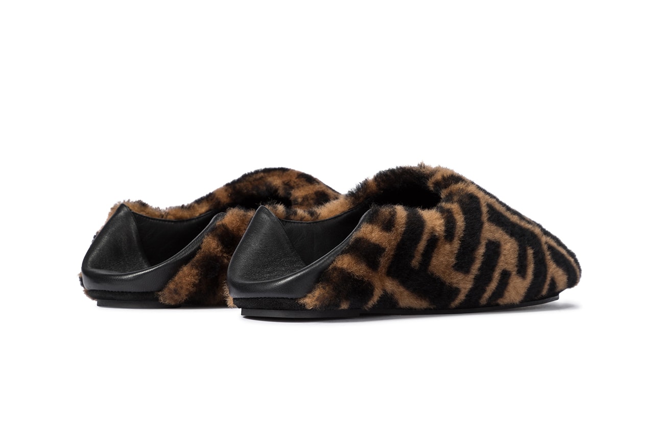 Fendi FF Shearling Slippers Zucca Print Pattern Logo Brown Black Leather House Shoes