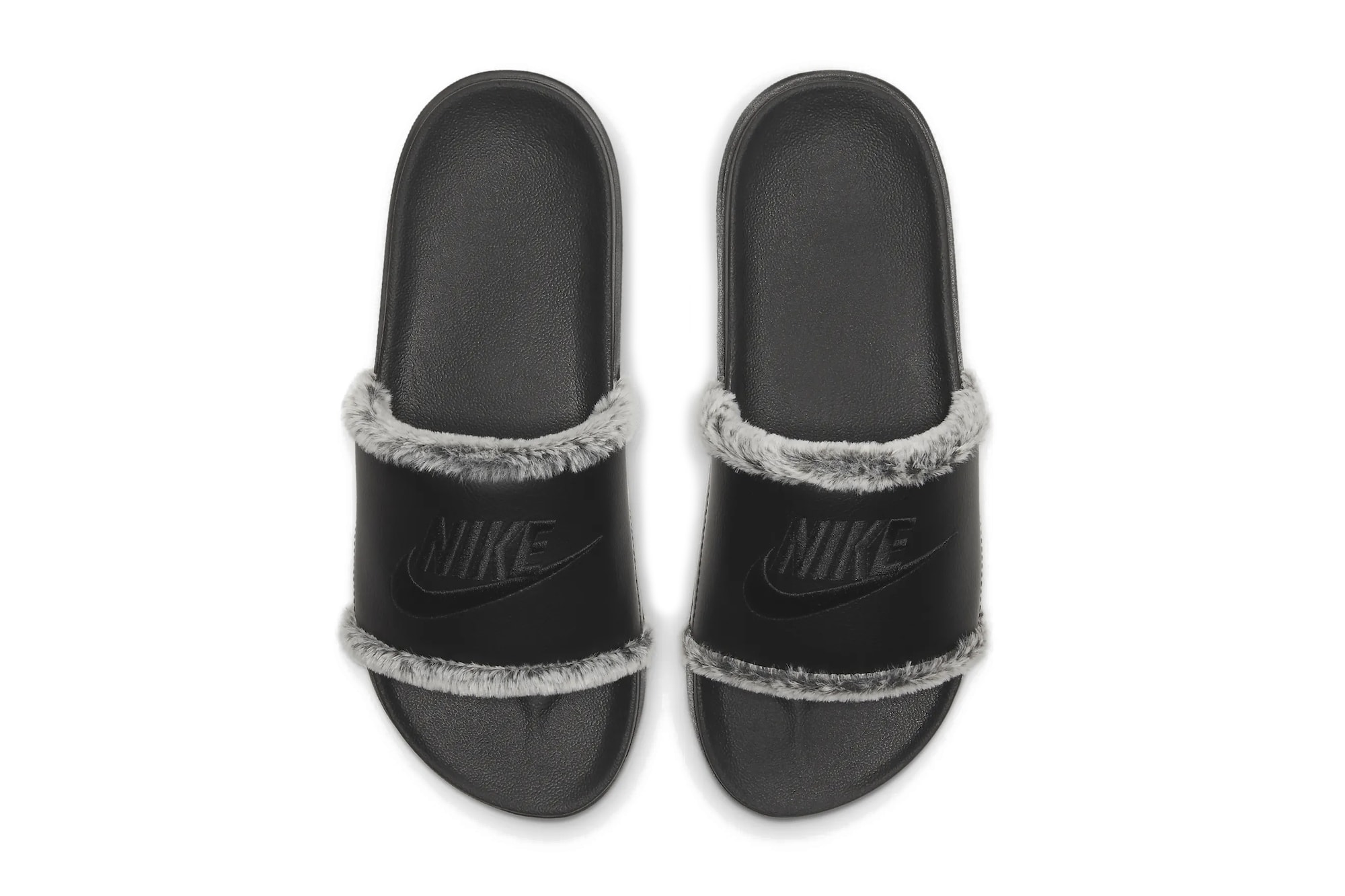 Nike Logo Slides Plush Faux Fur Lining Black Indoor Footwear Shoes Grey 