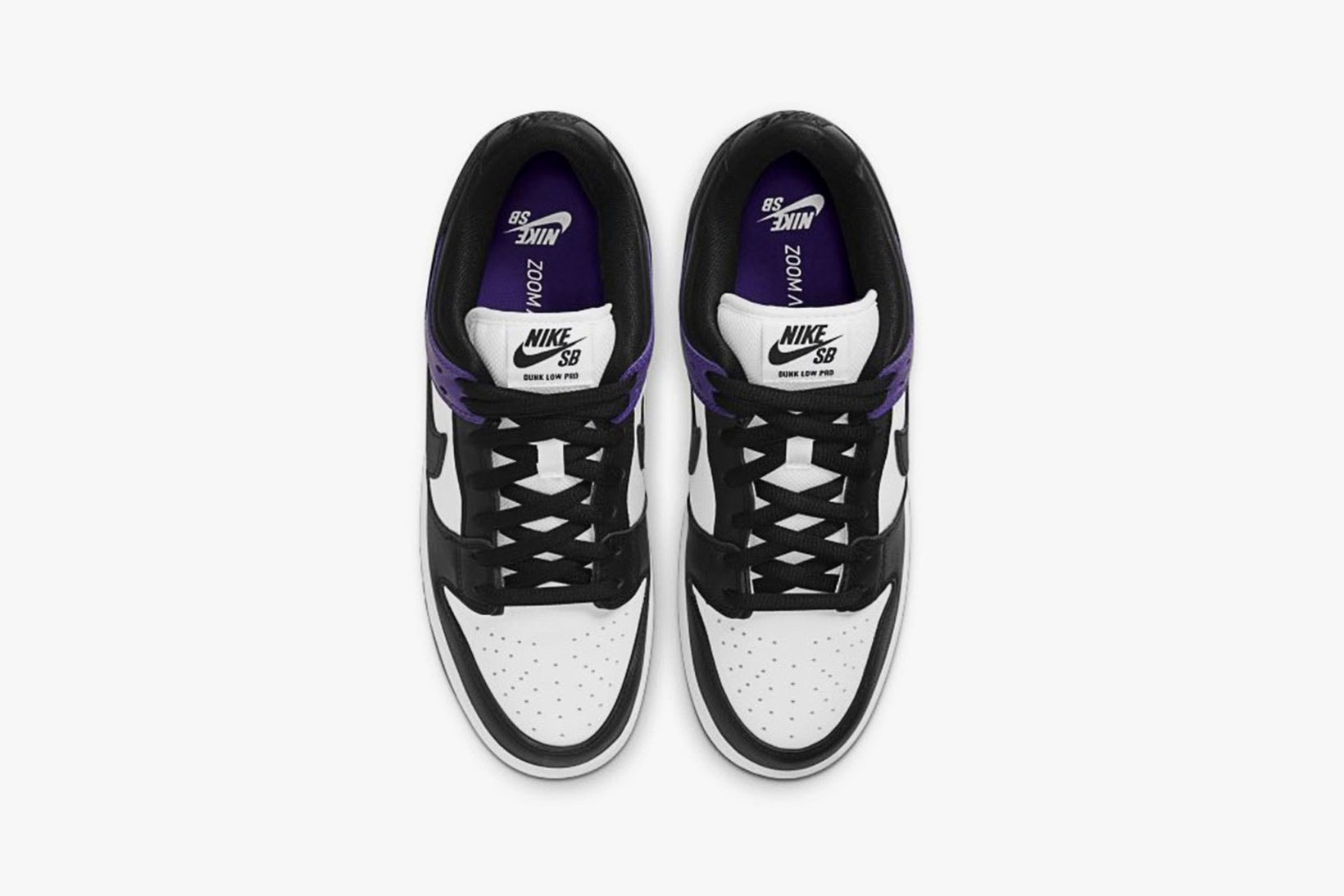 nike sb dunk low court purple black white sneakers official look release top view