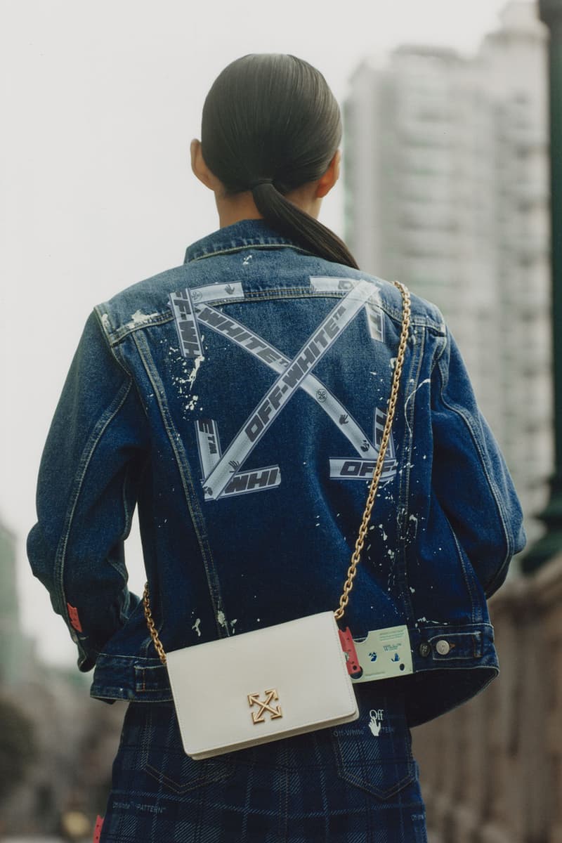 off-white wechat weixin mini program capsule collaboration china denim jacket cross arrow logo white bag