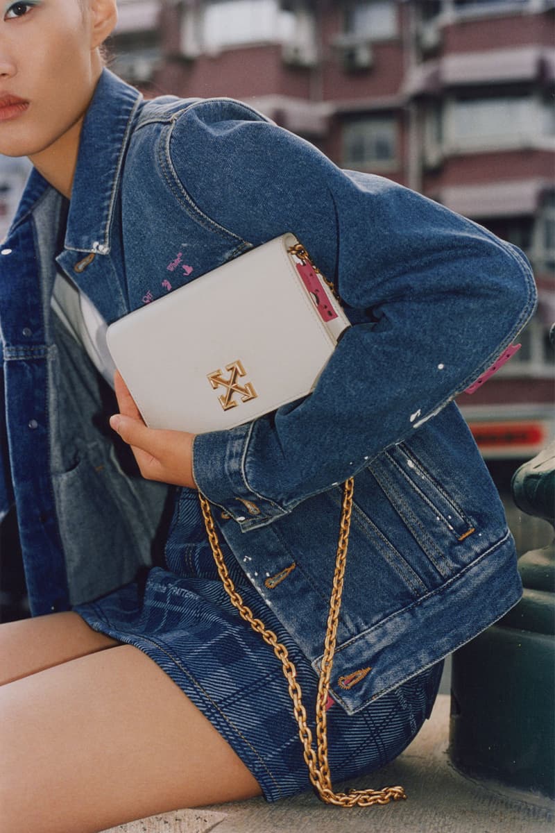 off-white wechat weixin mini program capsule collaboration china denim jacket check skirt white bag