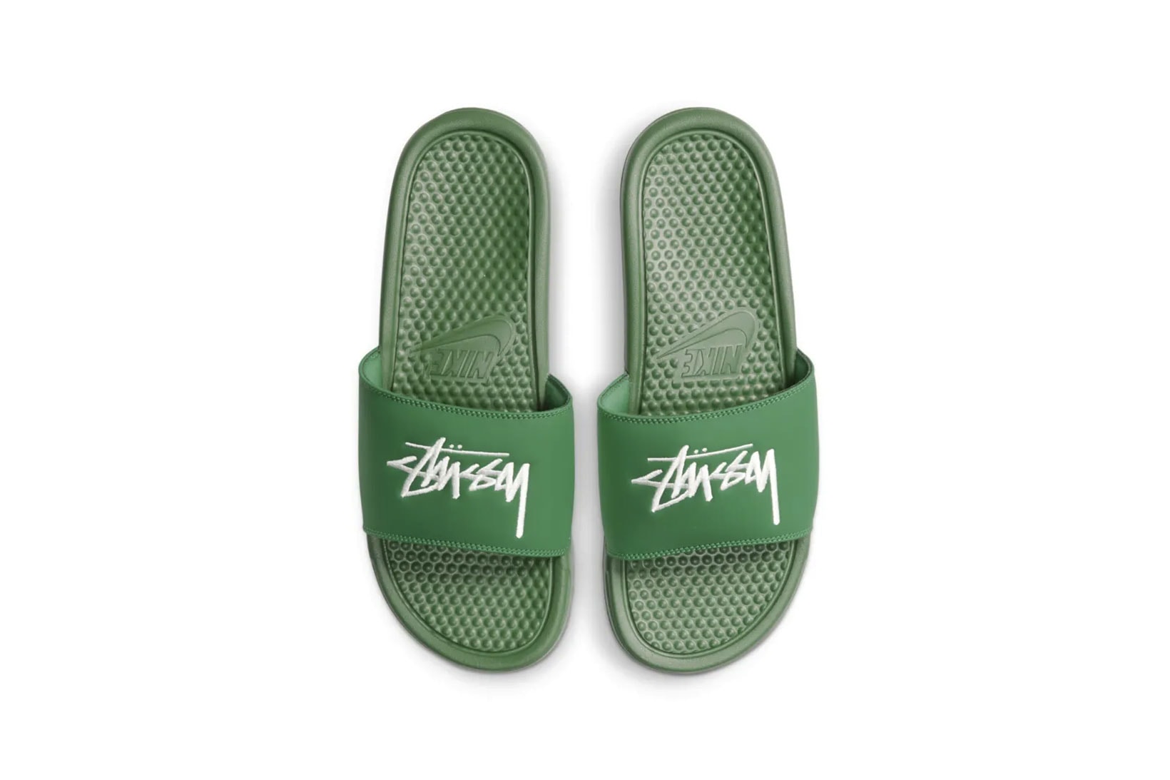 stussy nike benassi slides collaboration white black green colorway shoes footwear slippers 