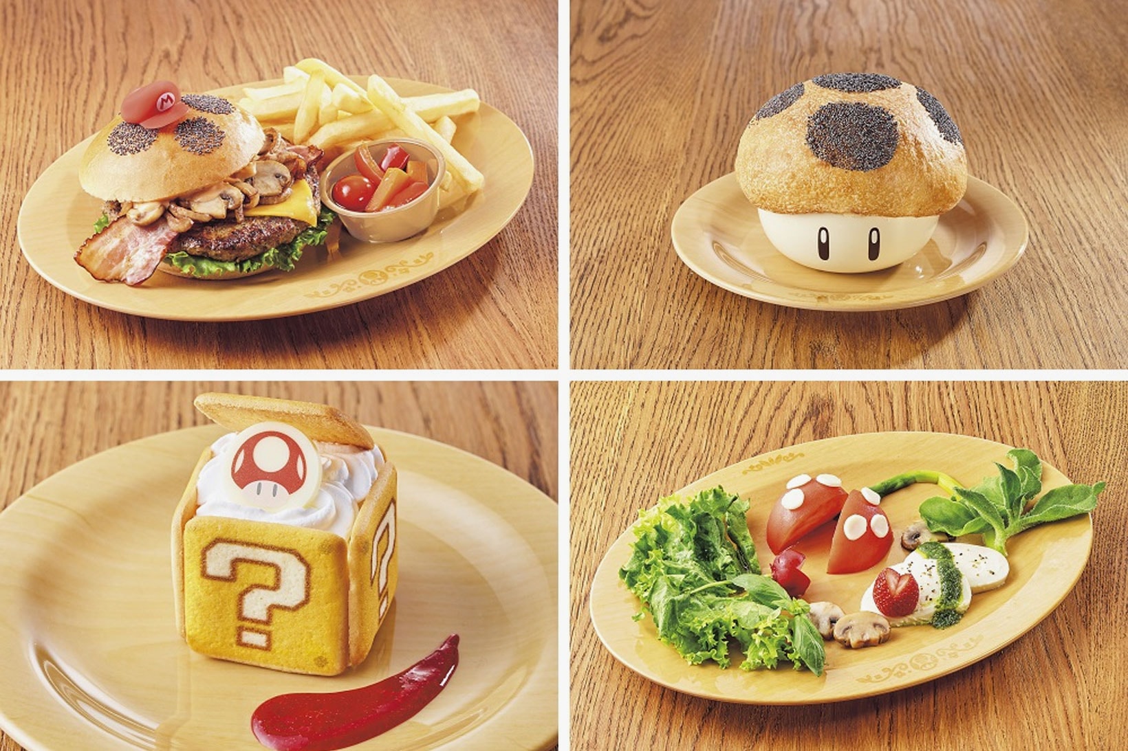 super nintendo world osaka japan theme park opening toad's cafe food menus pizza tiramisu salad mario