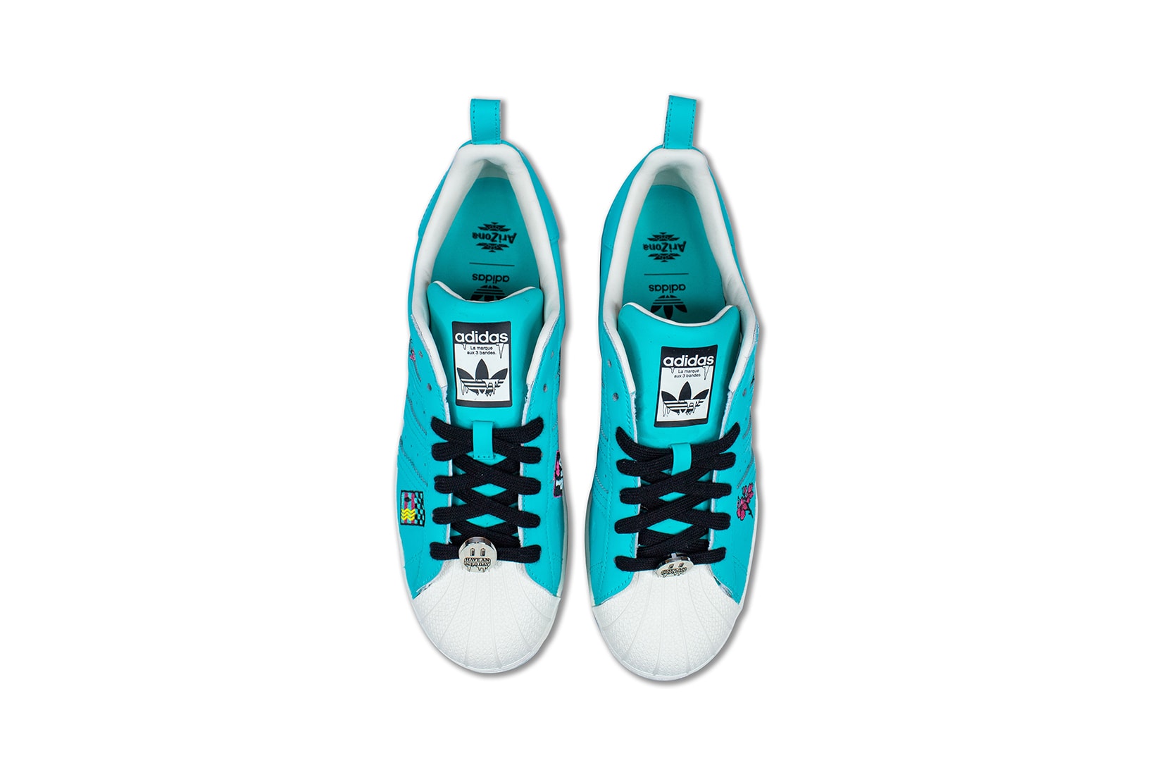 adidas originals arizona iced tea superstar collaboration sneakers big cans aerial birds eye view laces insole black blue white