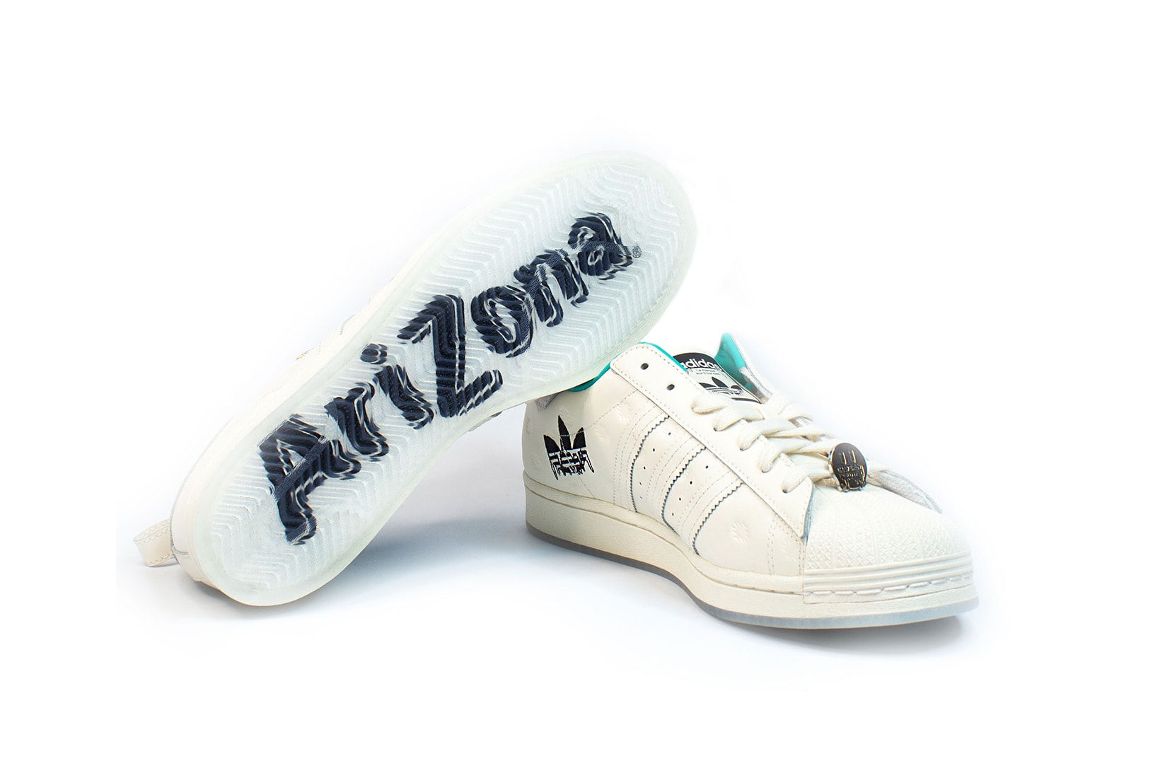 adidas originals arizona iced tea superstar collaboration sneakers big cans sole black white laces gold teal blue