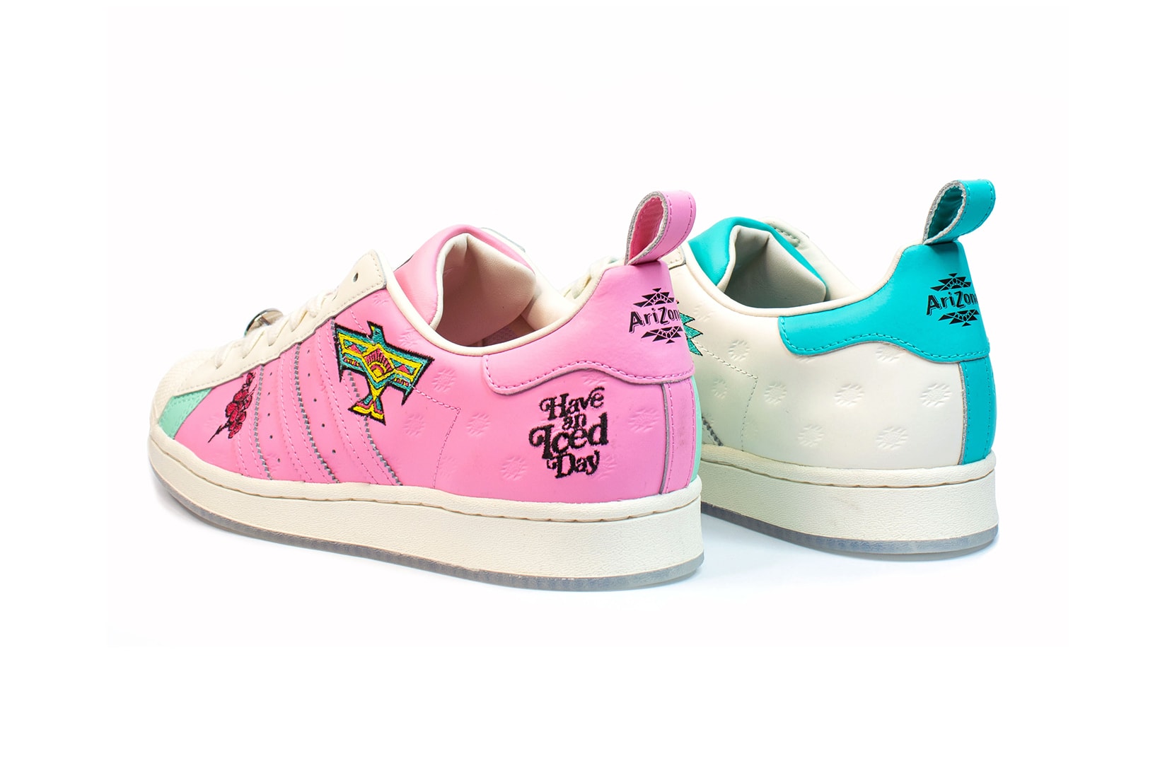 adidas originals arizona iced tea superstar collaboration sneakers big cans pink white blue heel
