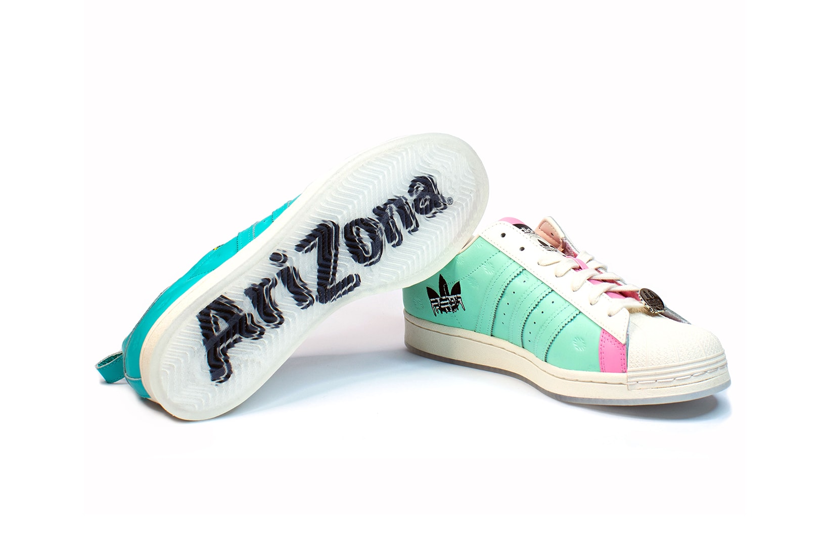 adidas originals arizona iced tea superstar collaboration sneakers big cans sole laces white blue teal pink gold