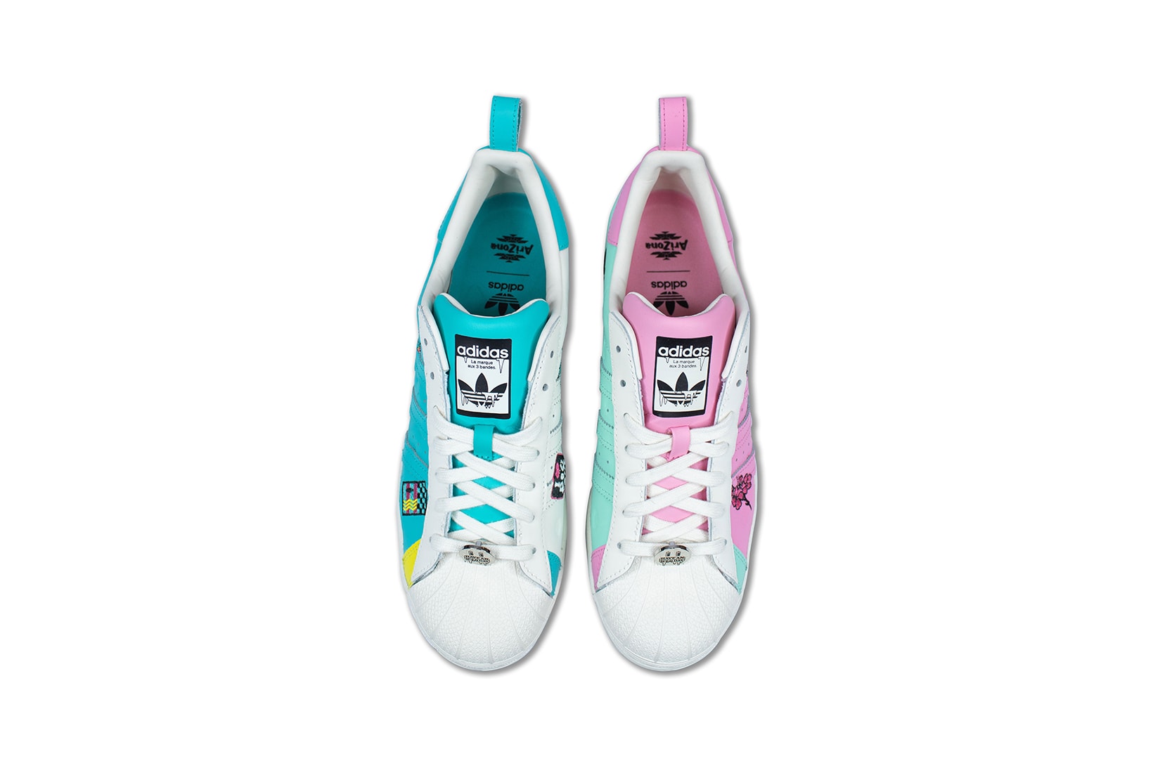 adidas originals arizona iced tea superstar collaboration sneakers big cans aerial birds eye view insole laces white blue teal pink insole