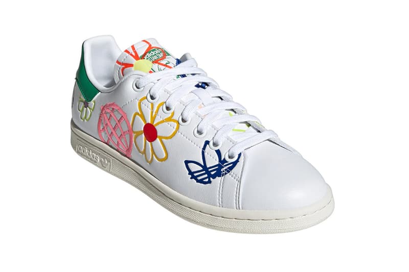 adidas originals stan smith primegreen sustainable sneakers white colorway footwear shoes sneakerhead pink yellow flower front laces