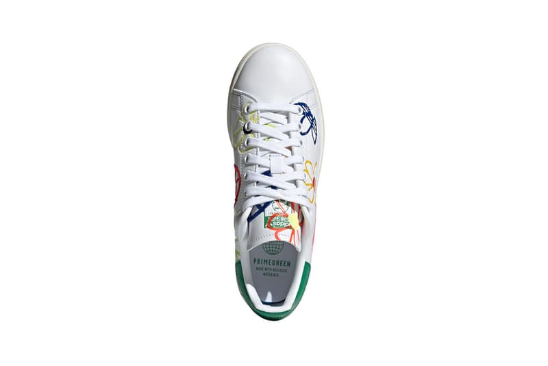 adidas originals stan smith primegreen sustainable sneakers white colorway footwear shoes sneakerhead pink yellow flower aerial birds eye view insole laces
