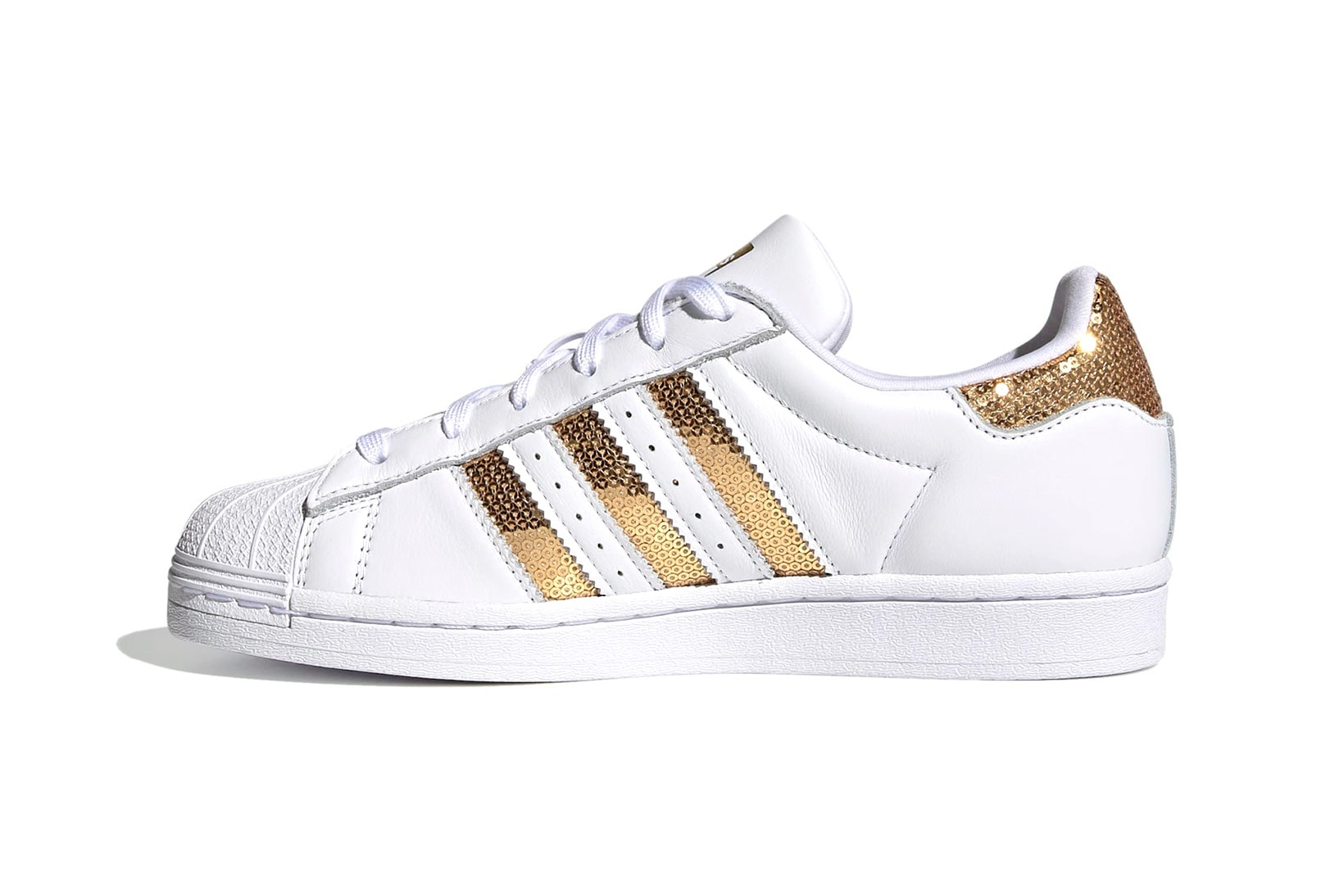 adidas originals superstar womens sneakers metallic gold sequins white colorway sneakerhead footwear shoes lateral