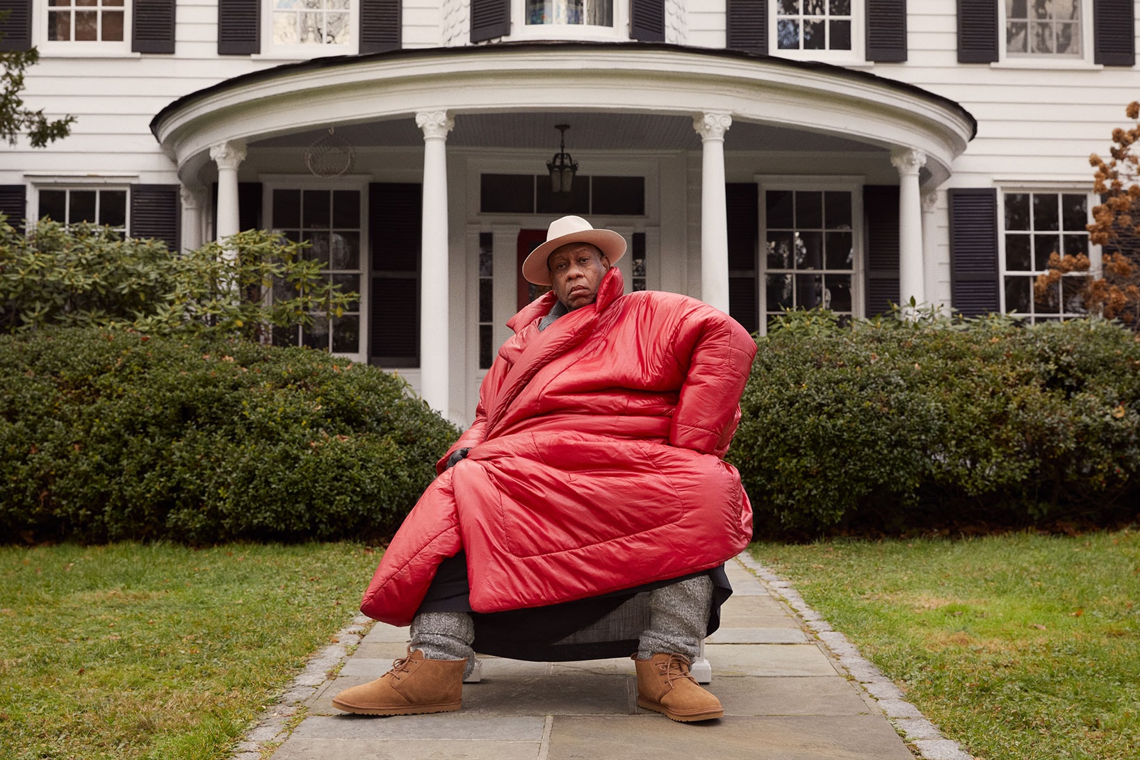 andre leon talley vogue fashion news director ugg spring summer feel campaign neumel chukka red coat jacket outerwear hat house gray socks