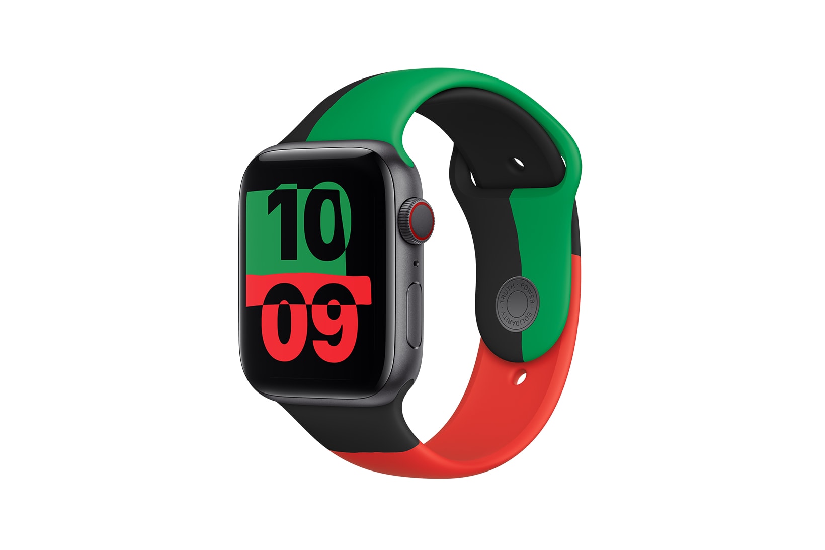 apple black history month unity collection watch series 6 sport band face green red side view