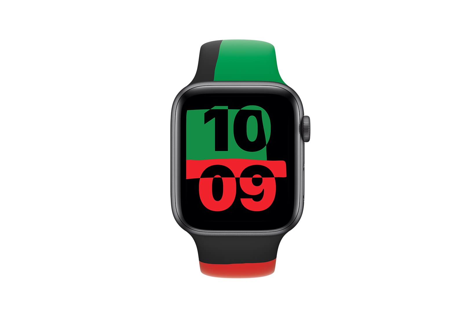 apple black history month unity collection watch series 6 sport band face green red front view