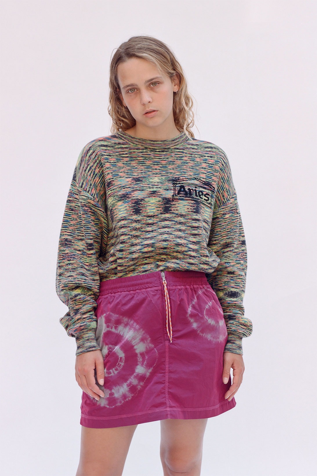 aries spring summer ss21 collection lookbook pattern knit sweater purple pink skirt