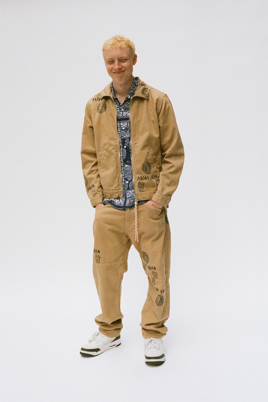 aries spring summer ss21 collection lookbook matching jacket pants beige