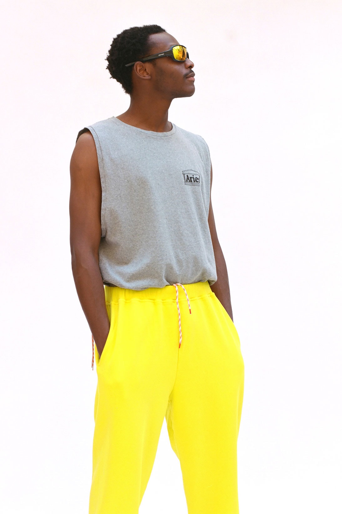 aries spring summer ss21 collection lookbook gray top yellow sweatpants