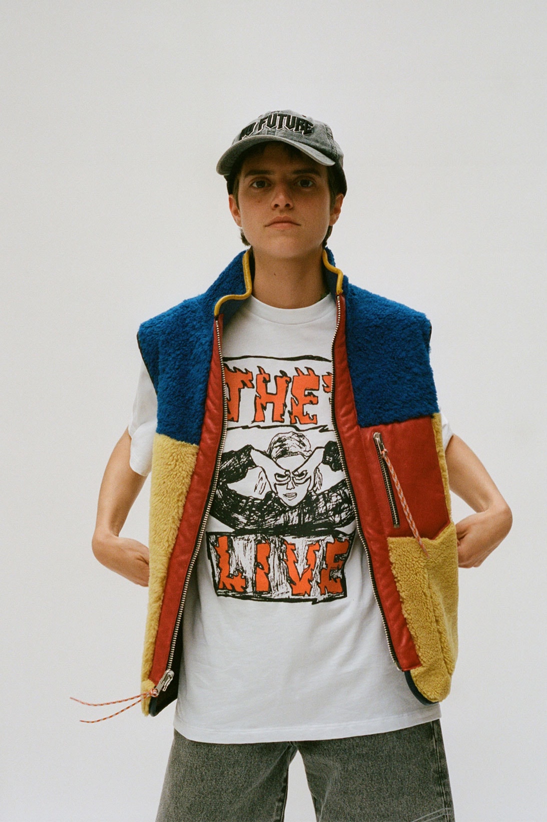 aries spring summer ss21 collection lookbook fleece colorblocking vest white graphic t-shirt