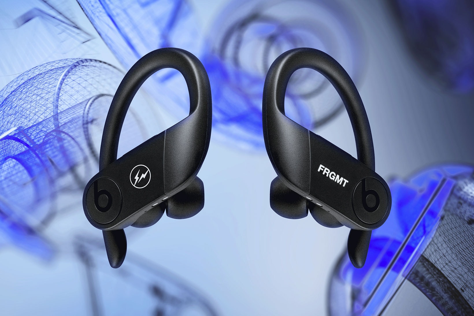 beats by dre powerbeats pro fragment design wireless headphones earphones collaboration closer look details blue graphic background