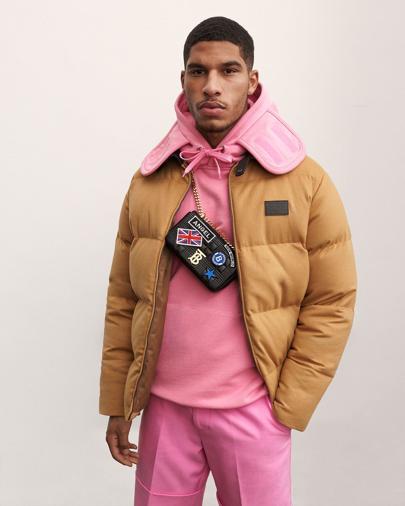 burberry fall winter fw21 pre-collection riccardo tisci brown puffer jacket pink hoodie bag