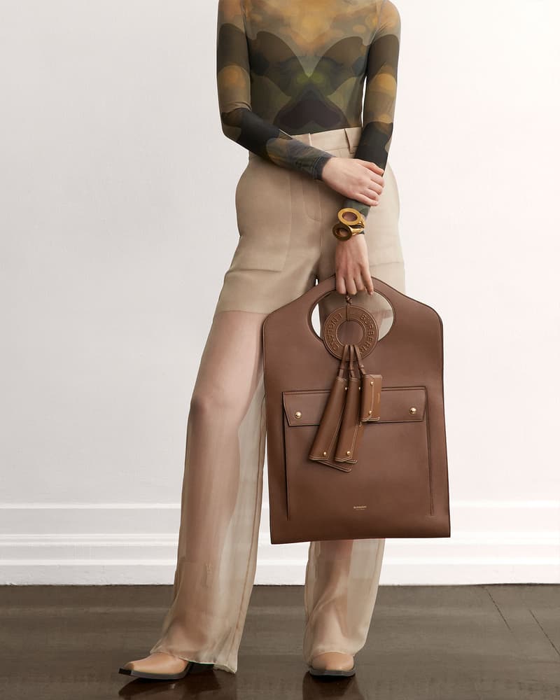 burberry fall winter fw21 pre-collection riccardo tisci canvas bag leather beige sheer trousers top