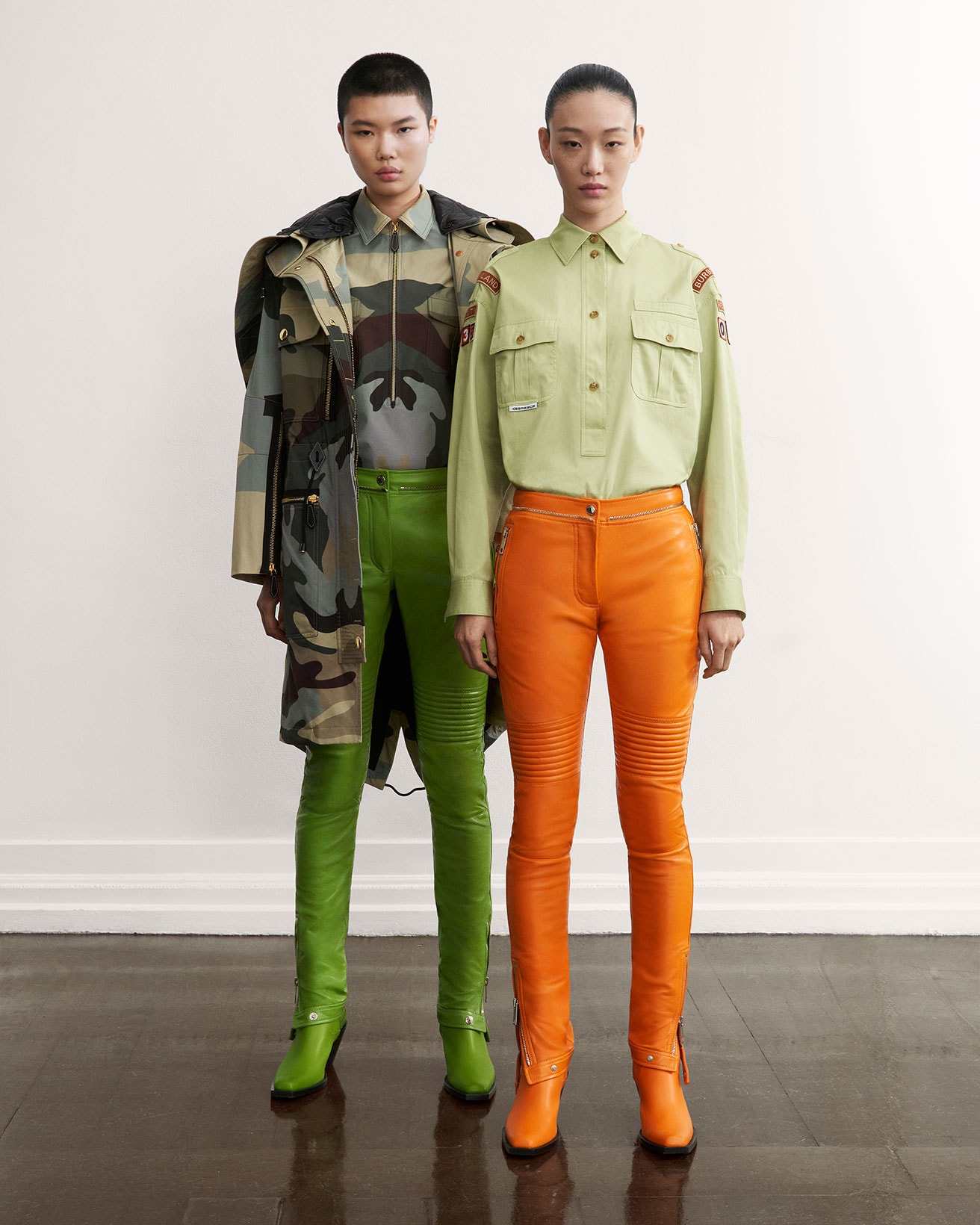 burberry fall winter fw21 pre-collection riccardo tisci orange green trousers army shirt camo print