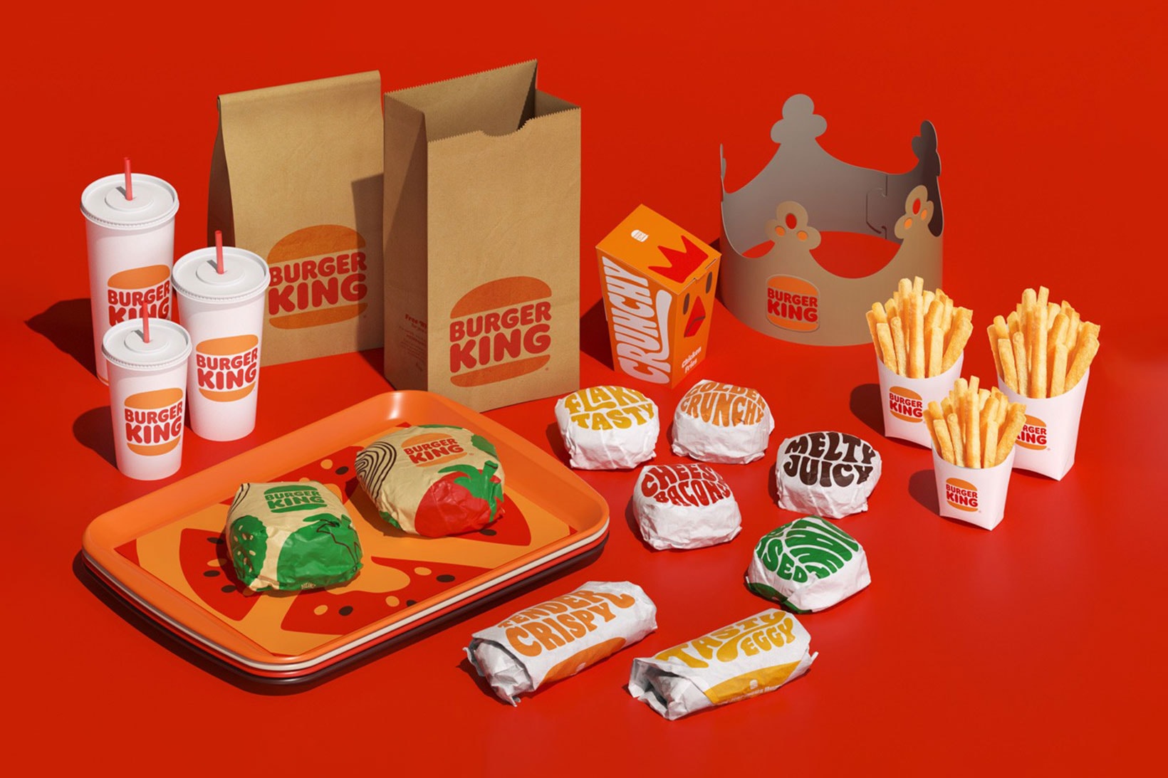burger king rebrand new minimal design logo packaging fast food fries drinks trays paper bag
