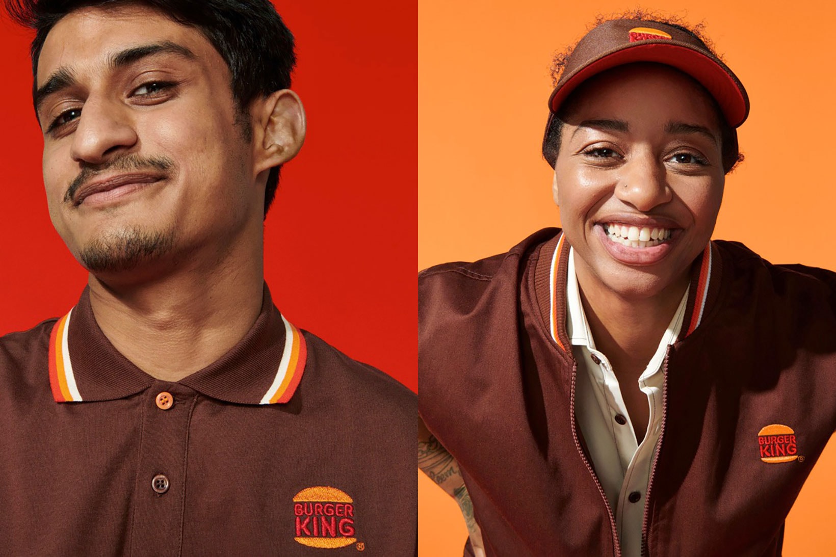 burger king rebrand new minimal design logo staff uniform hat shirt brown orange