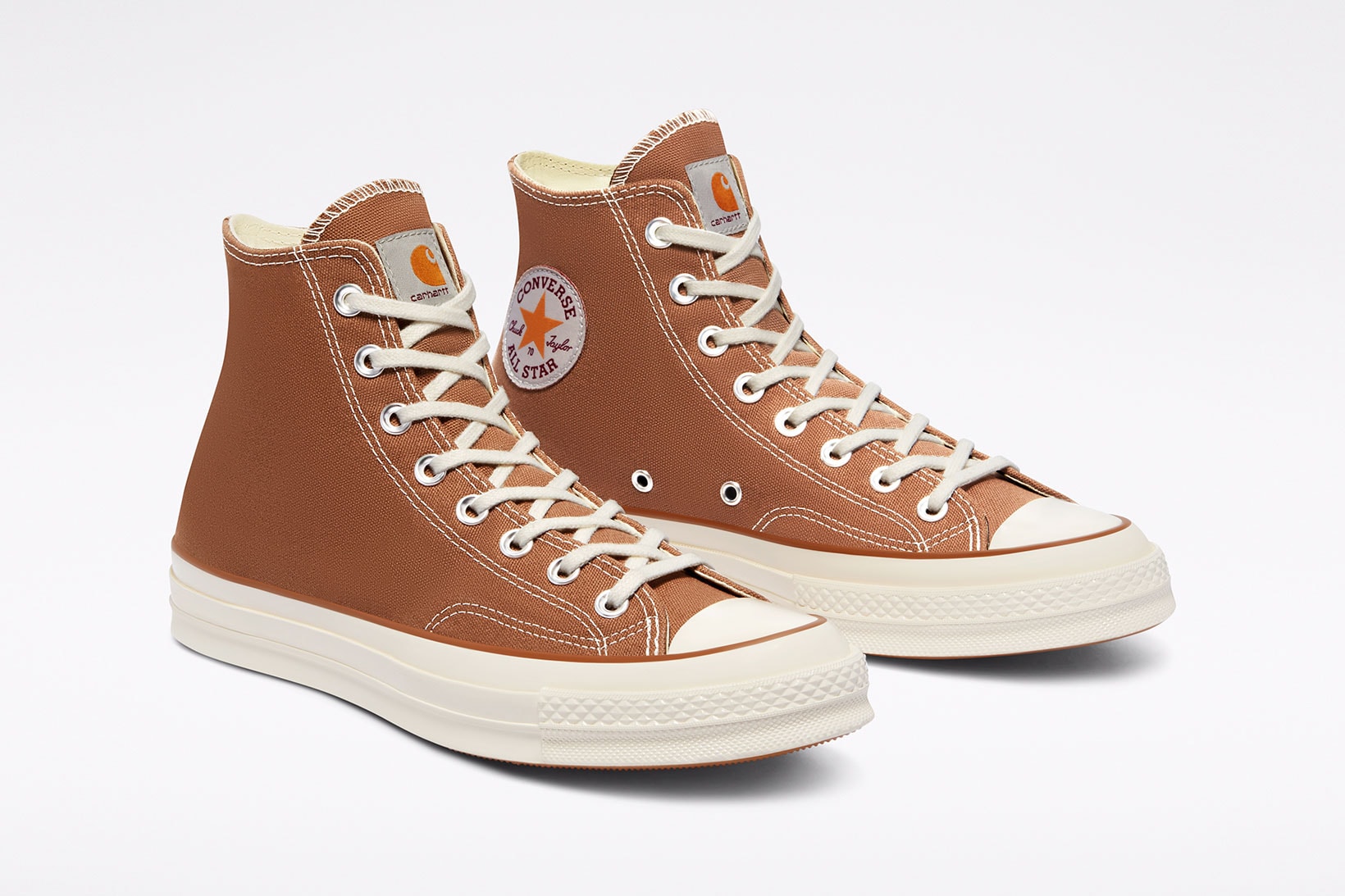 carhartt wip converse chuck 70 icons collaboration sneakers hamilton brown canvas logo details toebox