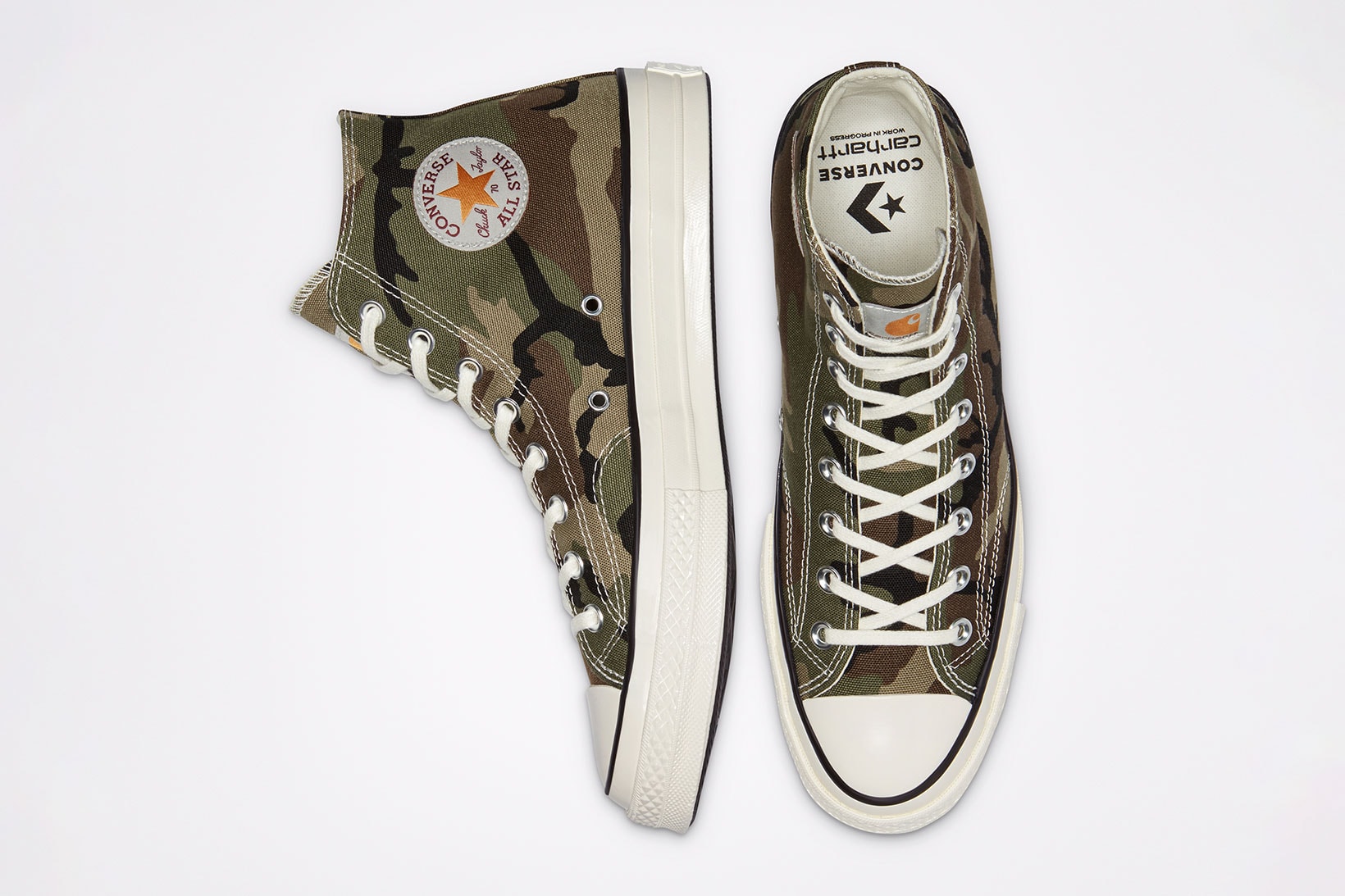 carhartt wip converse chuck 70 icons collaboration sneakers camouflage pattern details top toebox insoles