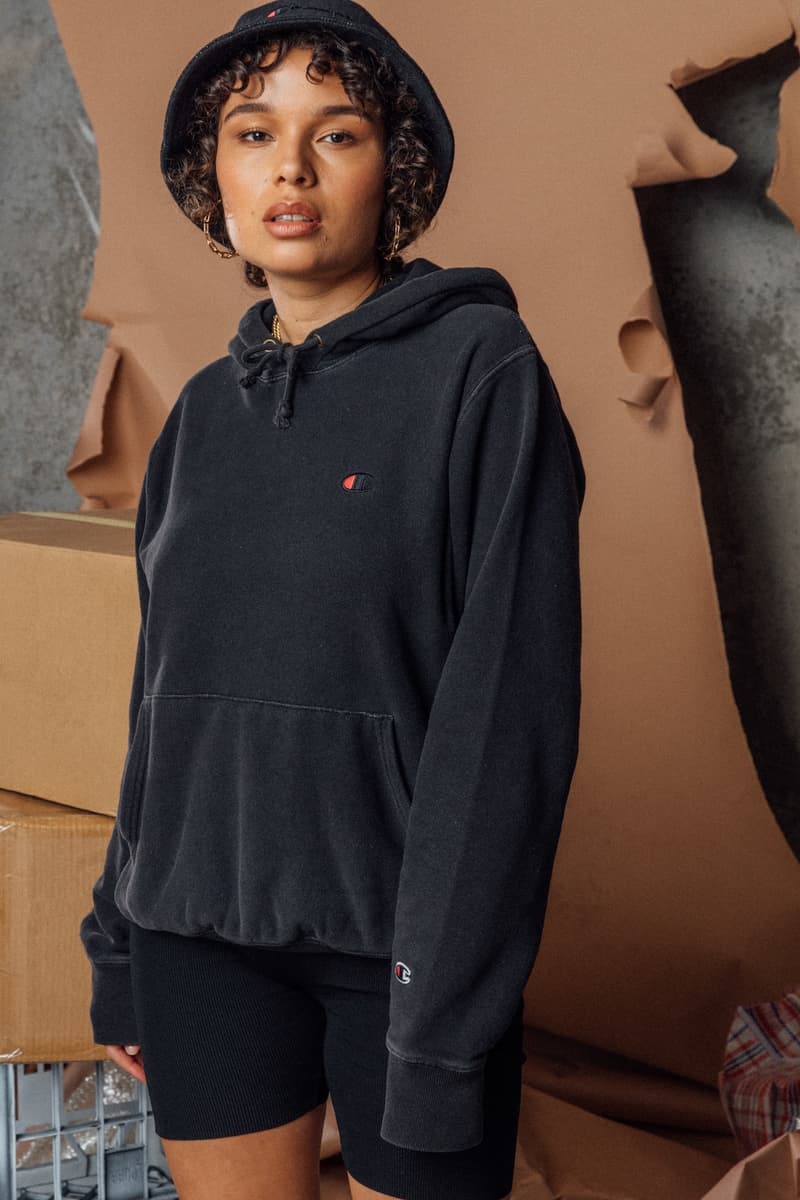 champion sustainable rebound washed black collection drop 2 bucket hat hoodie bike shorts